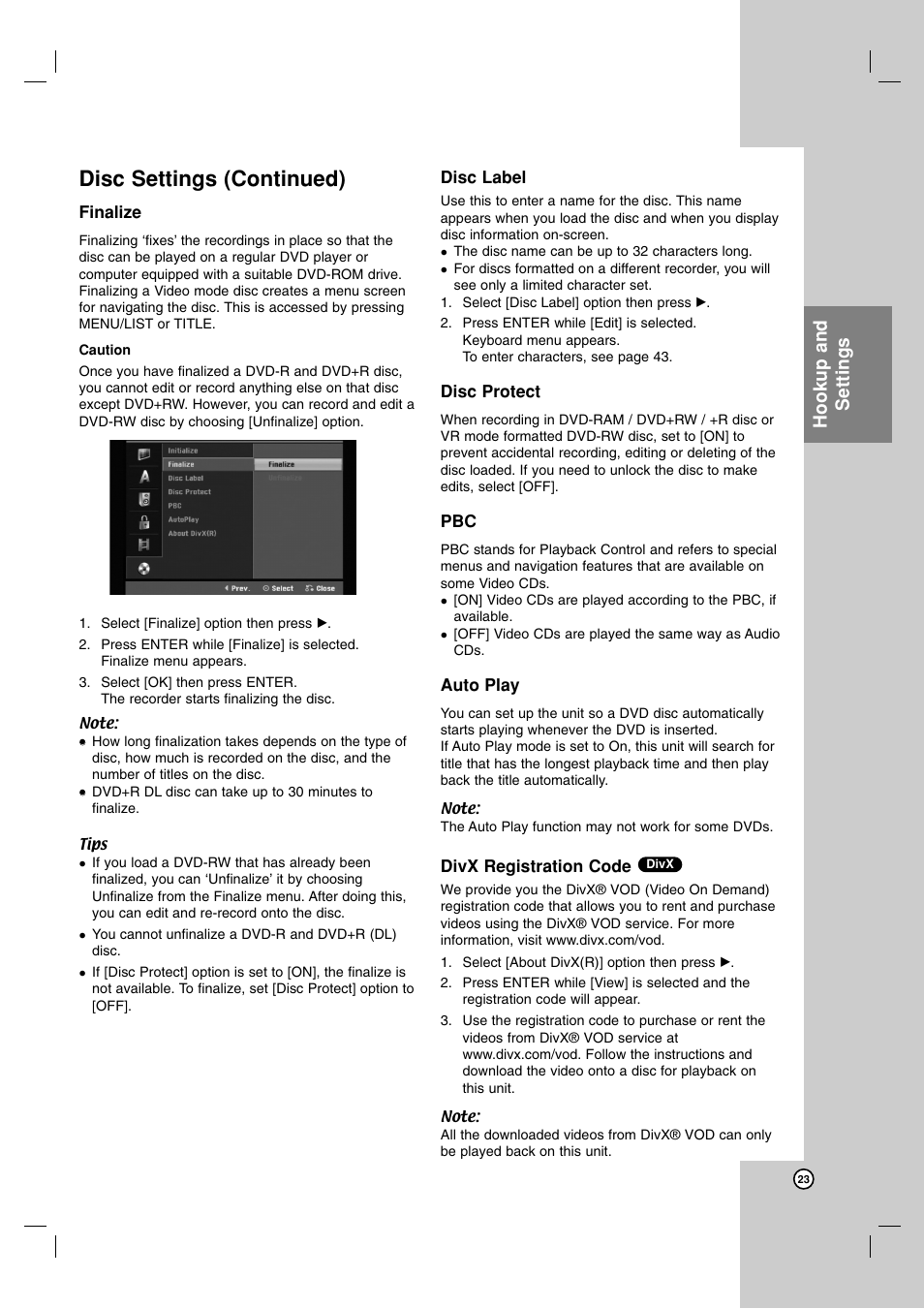 Disc settings (continued), Hookup and settings | LG DR1F9H User Manual | Page 23 / 52