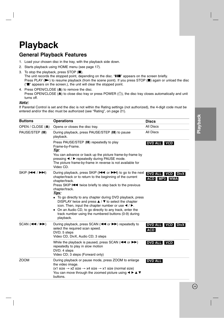 General playback features, Playback | LG DR1F9H User Manual | Page 25 / 52