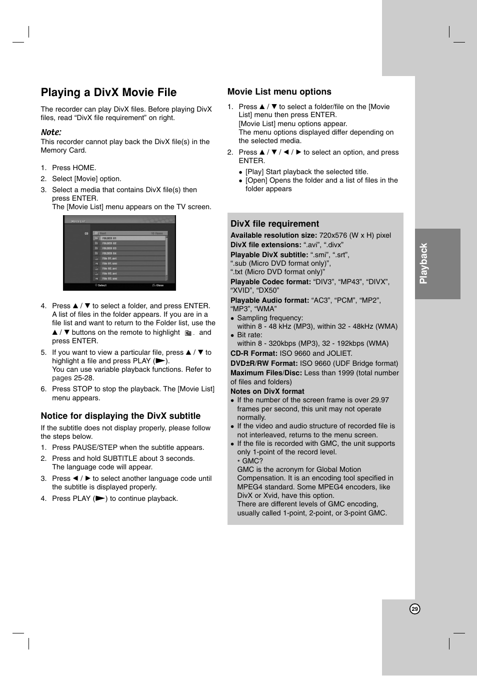 Playing a divx movie file, Playback | LG DR1F9H User Manual | Page 29 / 52