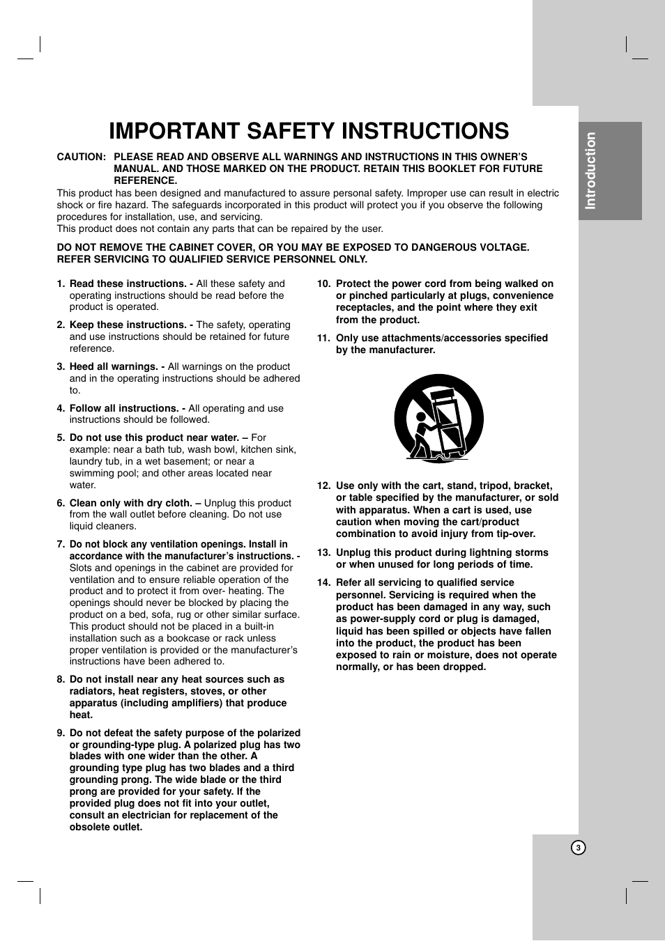 Important safety instructions, Introduction | LG DR1F9H User Manual | Page 3 / 52