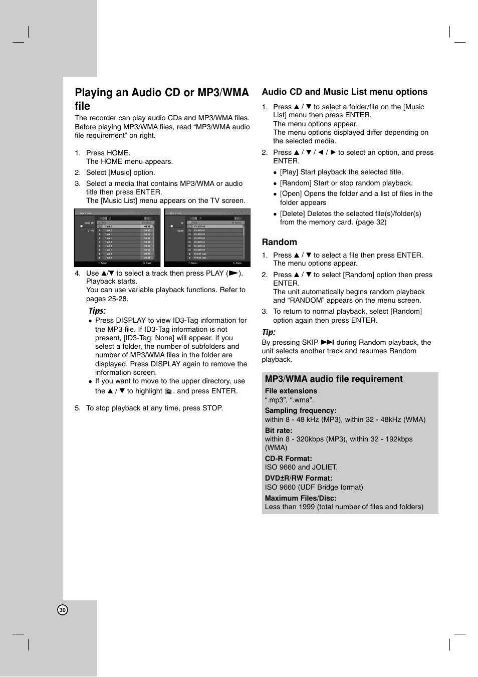 Playing an audio cd or mp3/wma file | LG DR1F9H User Manual | Page 30 / 52