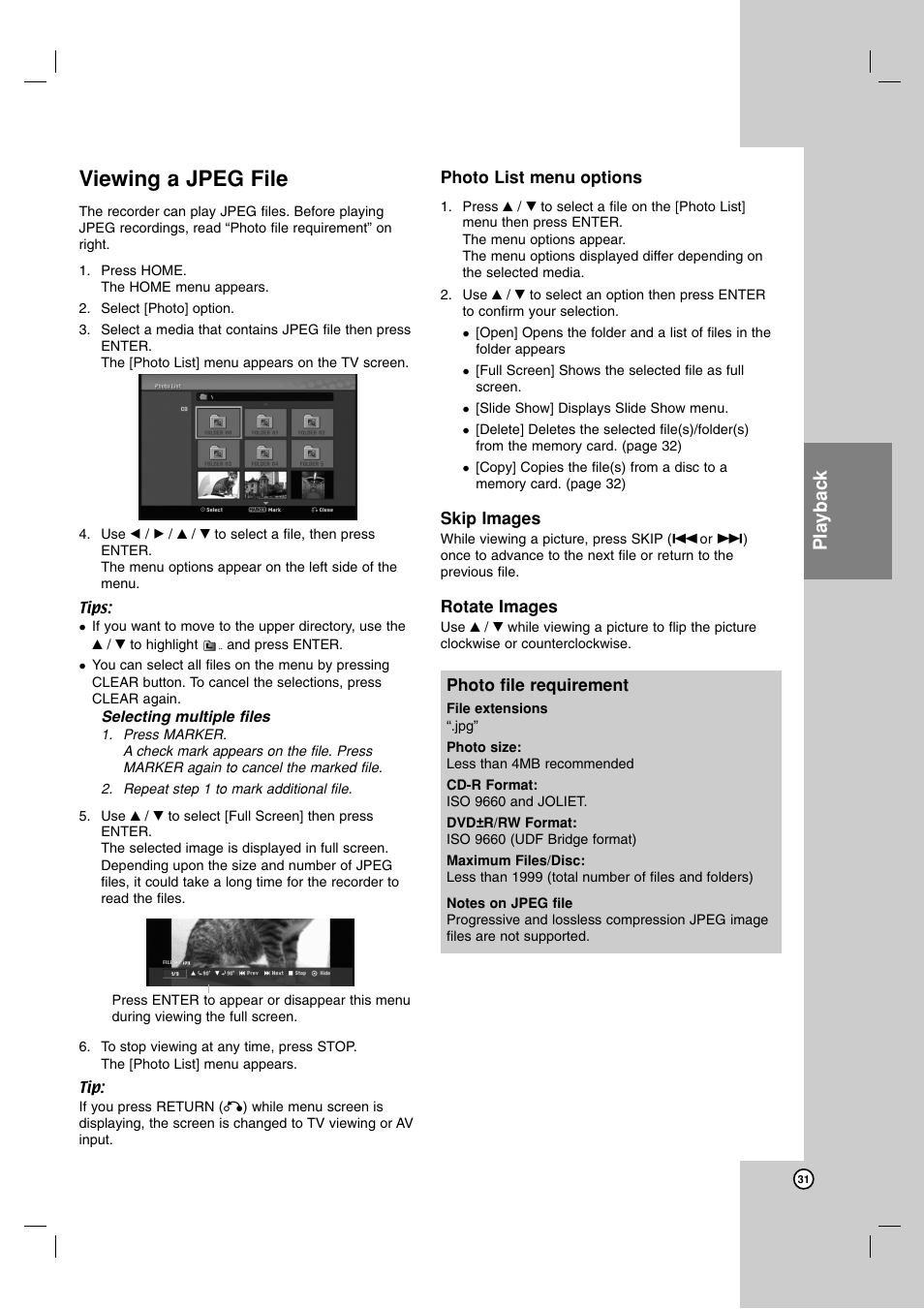 Viewing a jpeg file, Playback | LG DR1F9H User Manual | Page 31 / 52