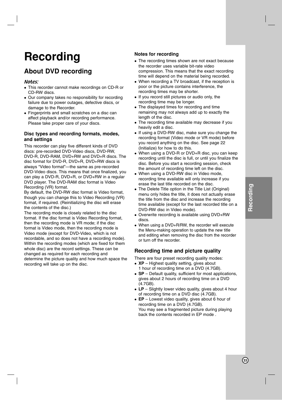 Recording, About dvd recording | LG DR1F9H User Manual | Page 33 / 52