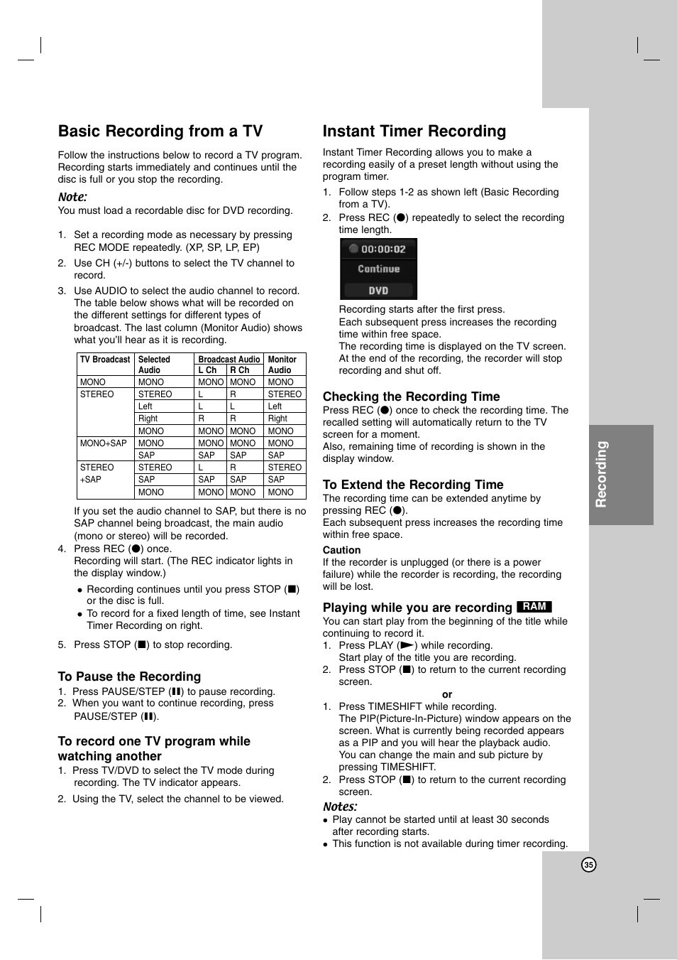 Basic recording from a tv, Instant timer recording, Recording | Checking the recording time, Playing while you are recording | LG DR1F9H User Manual | Page 35 / 52