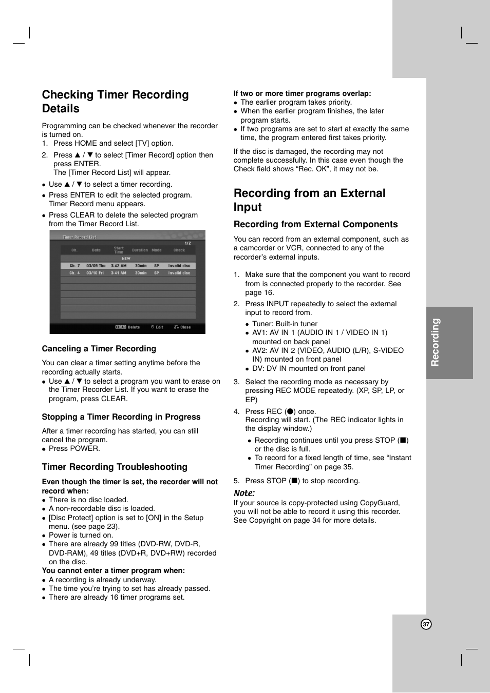 Checking timer recording details, Recording from an external input, Recording | LG DR1F9H User Manual | Page 37 / 52