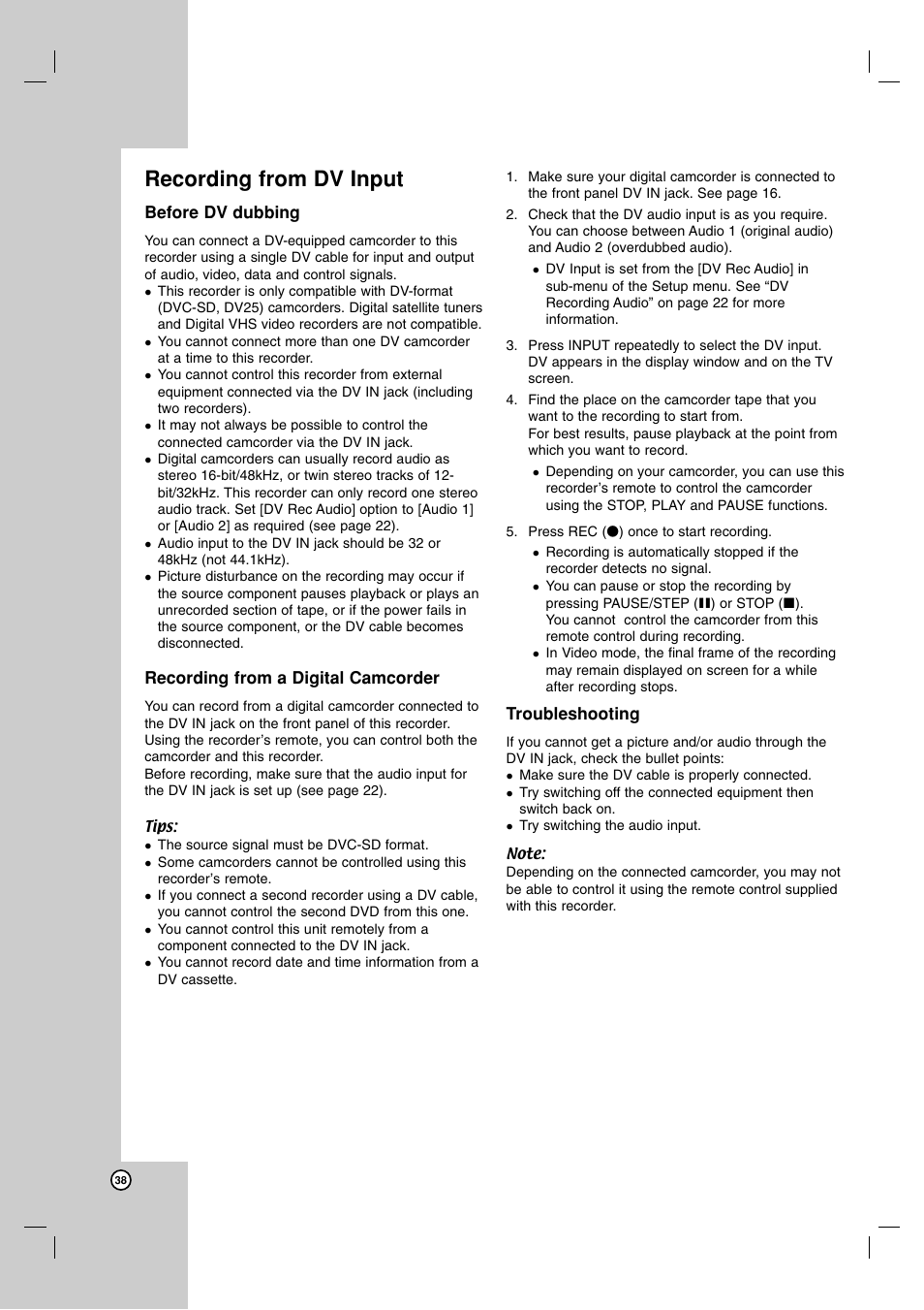Recording from dv input | LG DR1F9H User Manual | Page 38 / 52
