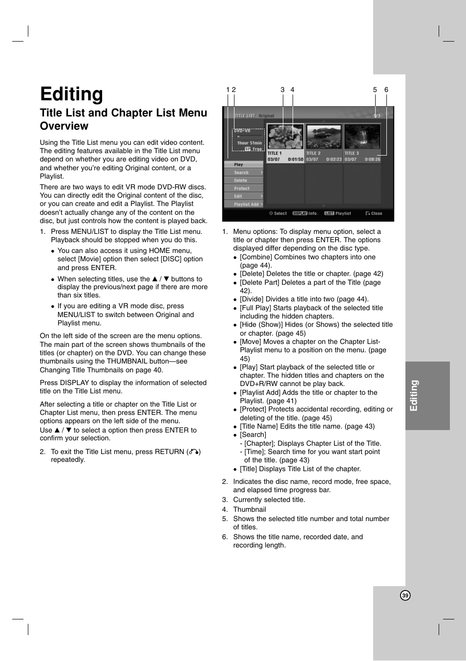 Title list and chapter list menu overview, Editing | LG DR1F9H User Manual | Page 39 / 52
