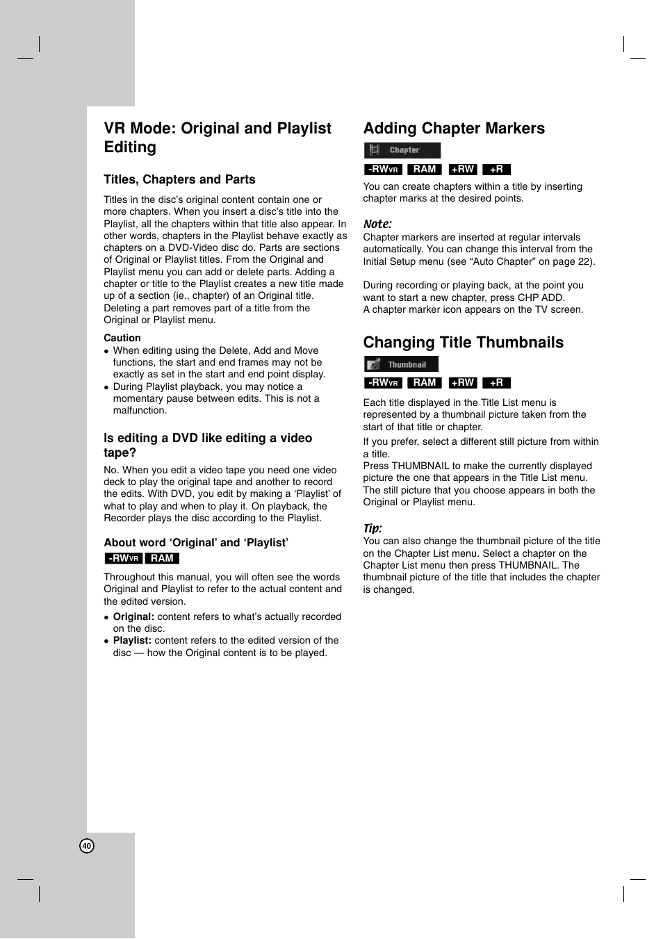 Vr mode: original and playlist editing, Adding chapter markers, Changing title thumbnails | LG DR1F9H User Manual | Page 40 / 52
