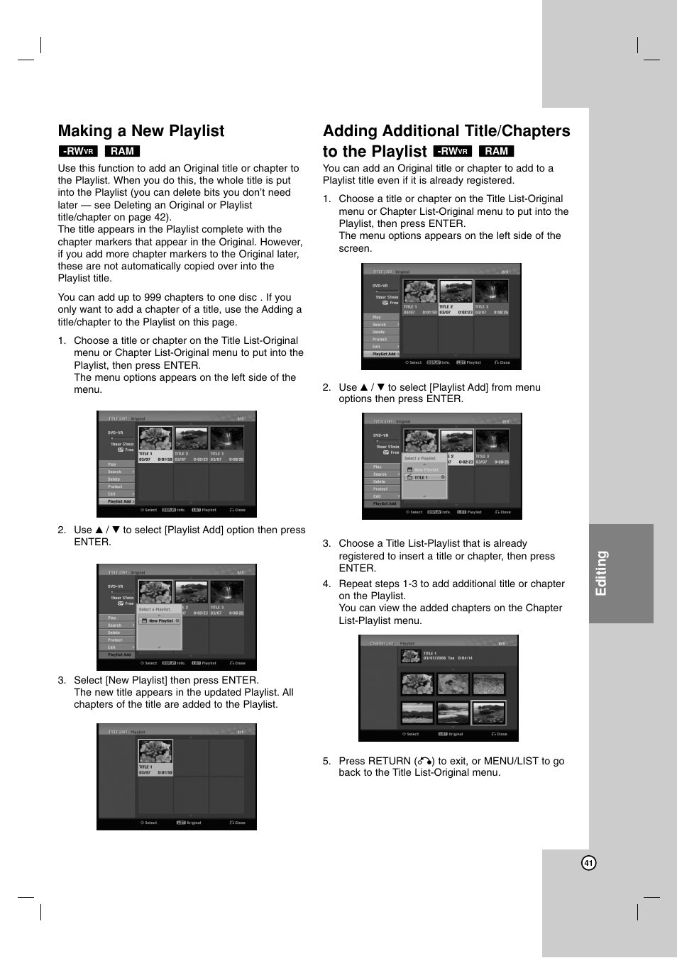 Making a new playlist, Adding additional title/chapters to the playlist, Editing | LG DR1F9H User Manual | Page 41 / 52