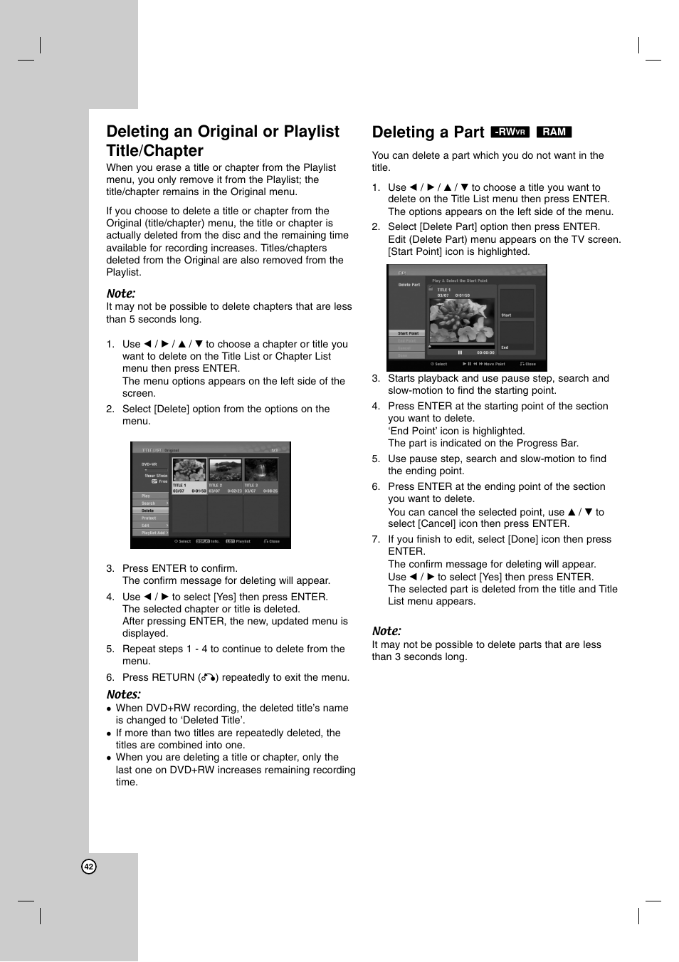 Deleting an original or playlist title/chapter, Deleting a part | LG DR1F9H User Manual | Page 42 / 52