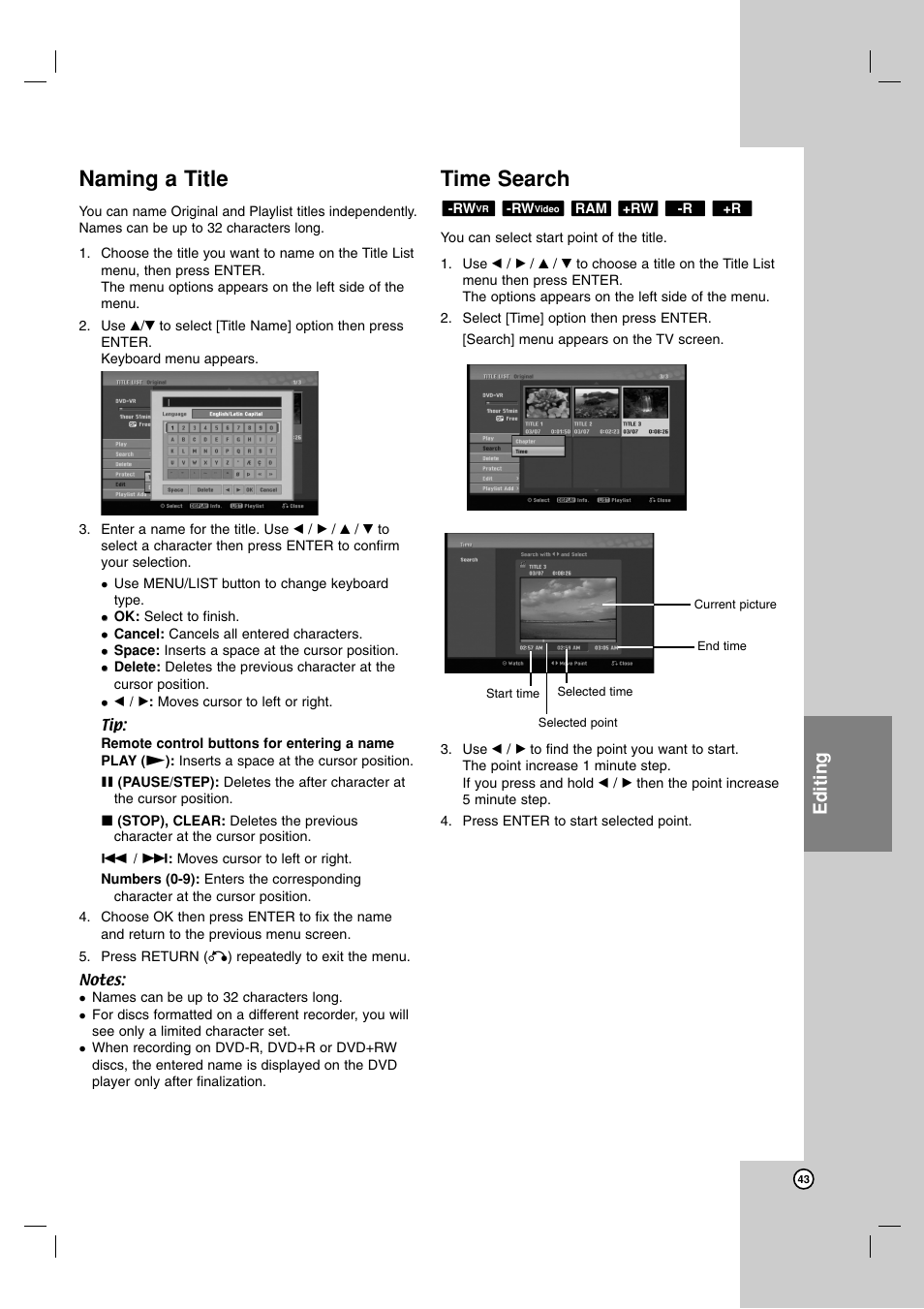 Naming a title, Time search, Editing | LG DR1F9H User Manual | Page 43 / 52