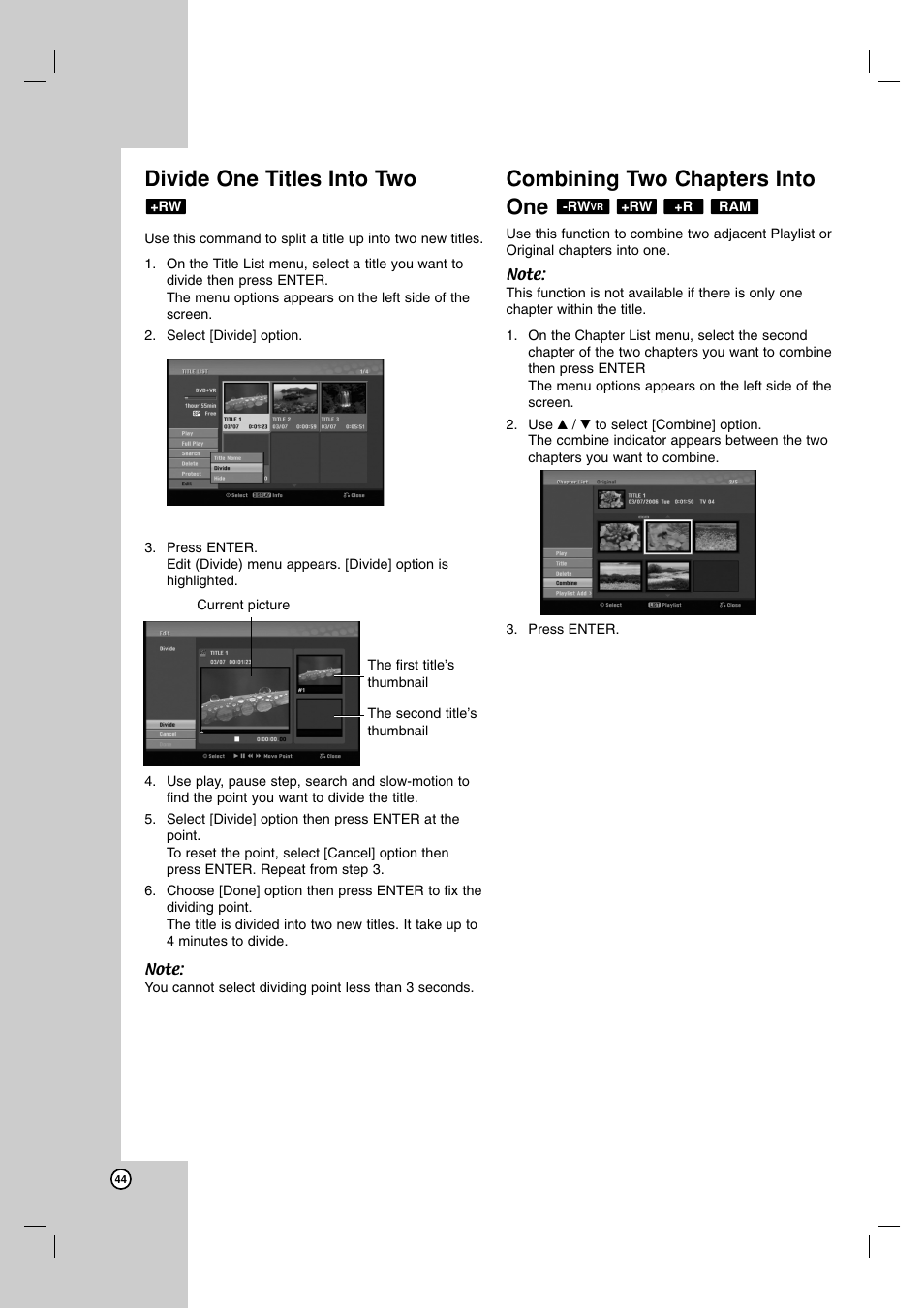 Divide one titles into two, Combining two chapters into one | LG DR1F9H User Manual | Page 44 / 52