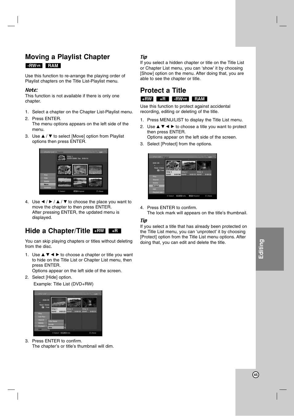 Moving a playlist chapter, Hide a chapter/title, Protect a title | Editing | LG DR1F9H User Manual | Page 45 / 52