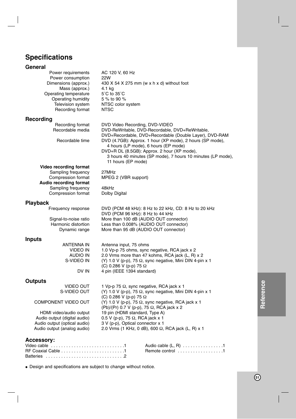 Specifications, Reference | LG DR1F9H User Manual | Page 51 / 52