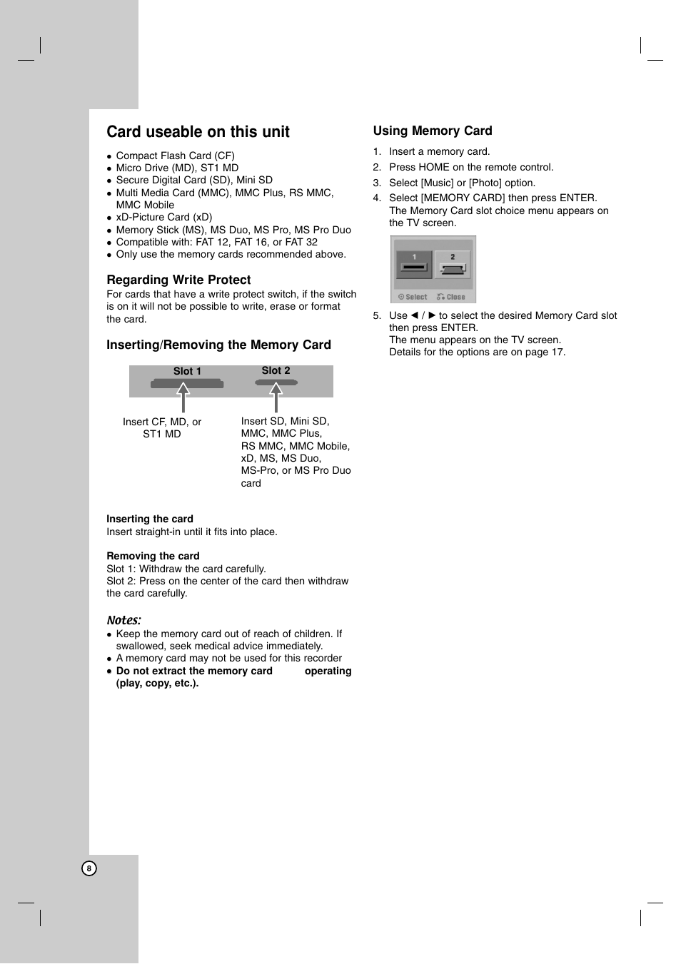 Card useable on this unit | LG DR1F9H User Manual | Page 8 / 52