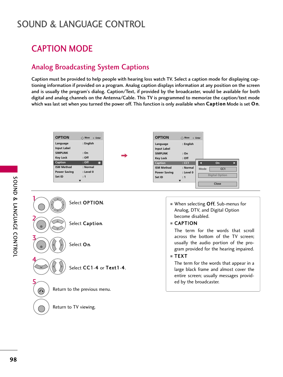 Caption mode, Analog broadcasting system captions, Sound & language control | Sound & langu a ge contr ol | LG 3230 User Manual | Page 100 / 152