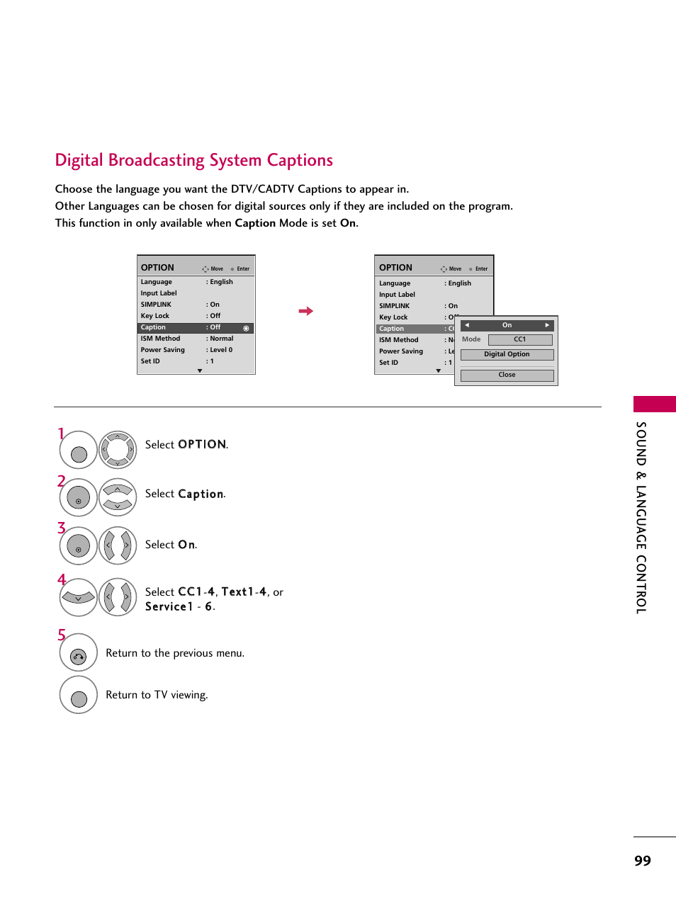 Digital broadcasting system captions, Sound & langu a ge contr ol | LG 3230 User Manual | Page 101 / 152