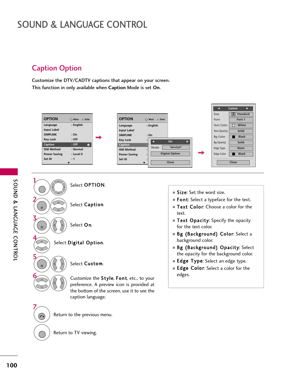Caption option, Sound & language control, Sound & langu a ge contr ol | LG 3230 User Manual | Page 102 / 152