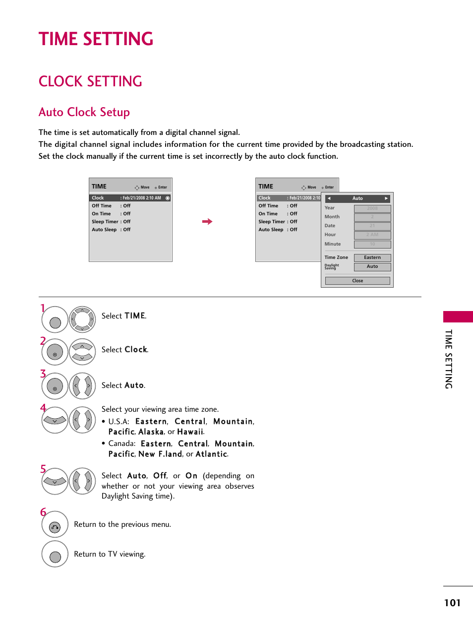 Time setting, Clock setting, Auto clock setup | LG 3230 User Manual | Page 103 / 152