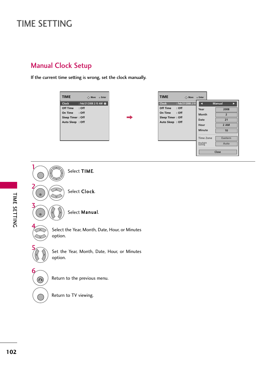 Manual clock setup, Time setting, Set the year, month, date, hour, or minutes option | Return to the previous menu, Return to tv viewing | LG 3230 User Manual | Page 104 / 152