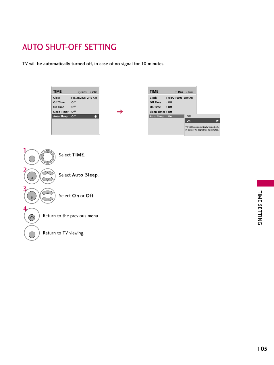 Auto shut-off setting, Time setting | LG 3230 User Manual | Page 107 / 152