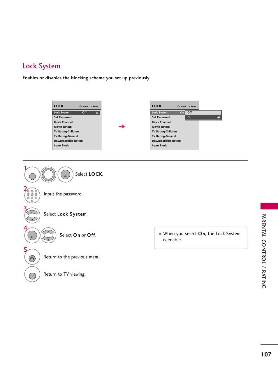 Lock system, Parent al contr ol / r ating, When you select o o nn, the lock system is enable | Select llo oc ck k, Input the password, Return to the previous menu, Return to tv viewing | LG 3230 User Manual | Page 109 / 152