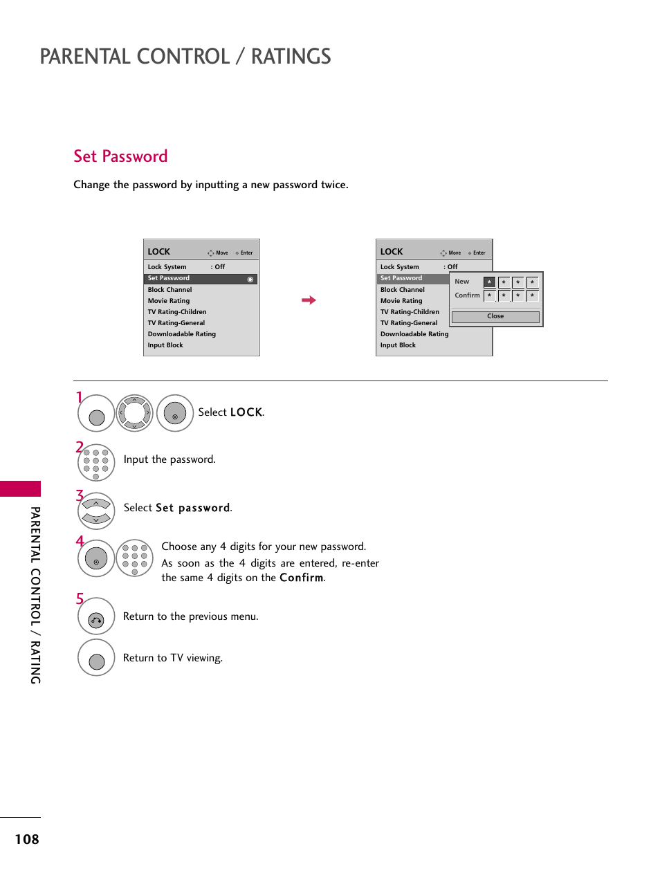 Set password, Parental control / ratings, Parent al contr ol / r ating | Select llo oc ck k, Input the password, Return to the previous menu, Return to tv viewing | LG 3230 User Manual | Page 110 / 152