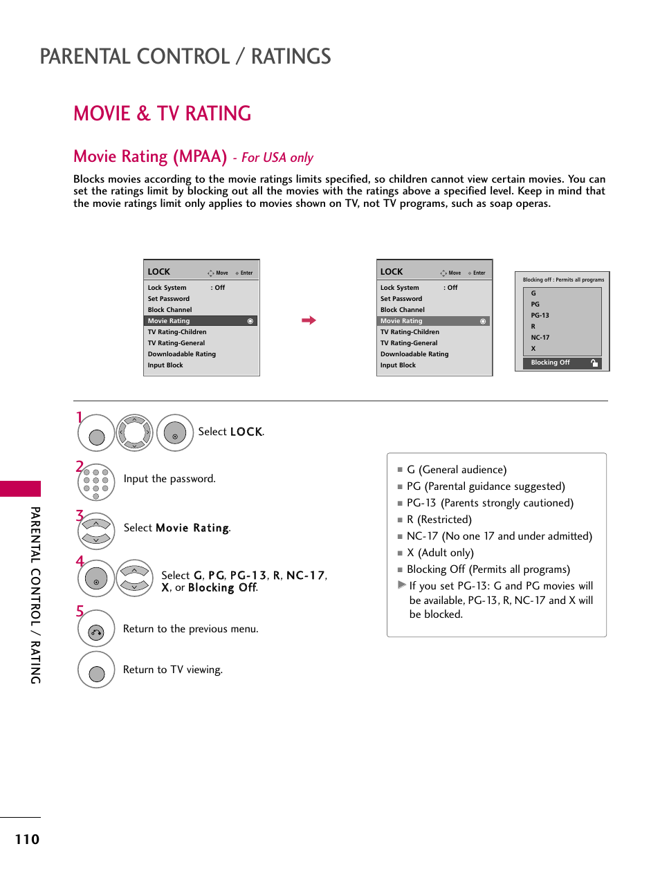 Movie & tv rating, Movie rating (mpaa) - for usa only, Parental control / ratings | Movie rating (mpaa), For usa only, Parent al contr ol / r ating | LG 3230 User Manual | Page 112 / 152