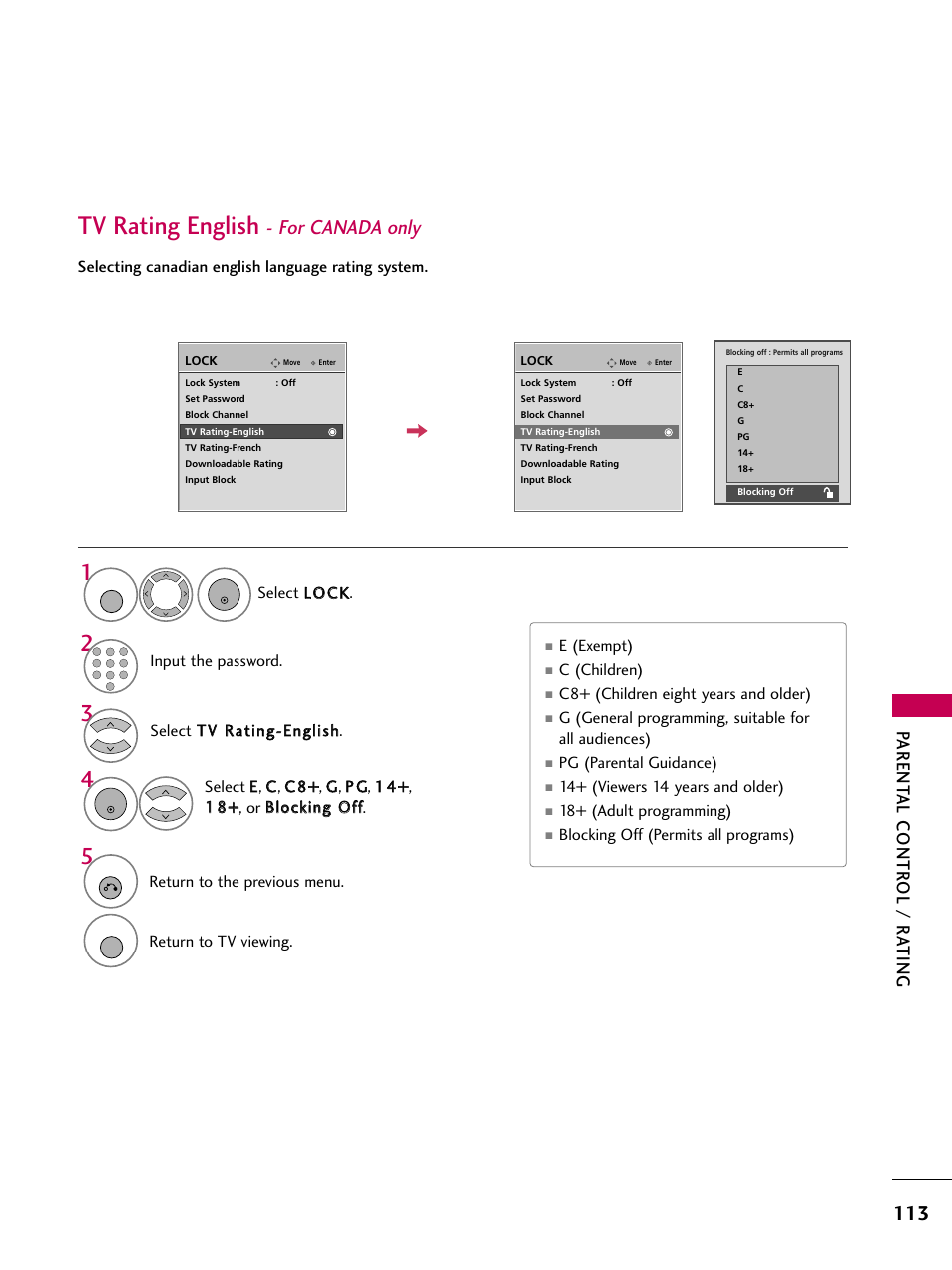 Tv rating english - for canada only, Tv rating english, For canada only | Parent al contr ol / r ating | LG 3230 User Manual | Page 115 / 152