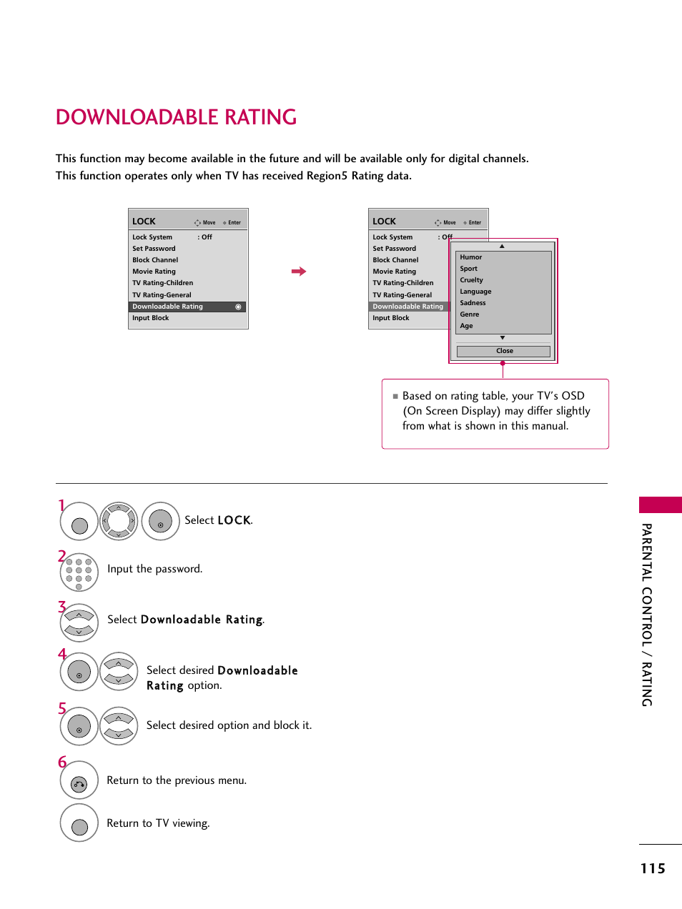Downloadable rating, Parent al contr ol / r ating | LG 3230 User Manual | Page 117 / 152