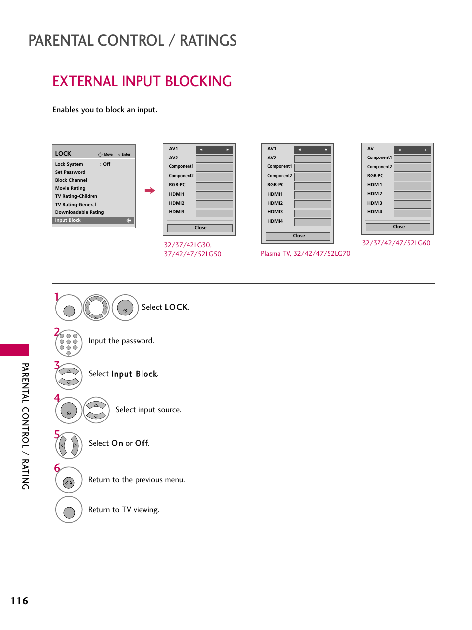 External input blocking, Parental control / ratings, Parent al contr ol / r ating | Select o o nn or o o ff ff, Select llo oc ck k, Input the password, Return to the previous menu, Return to tv viewing | LG 3230 User Manual | Page 118 / 152