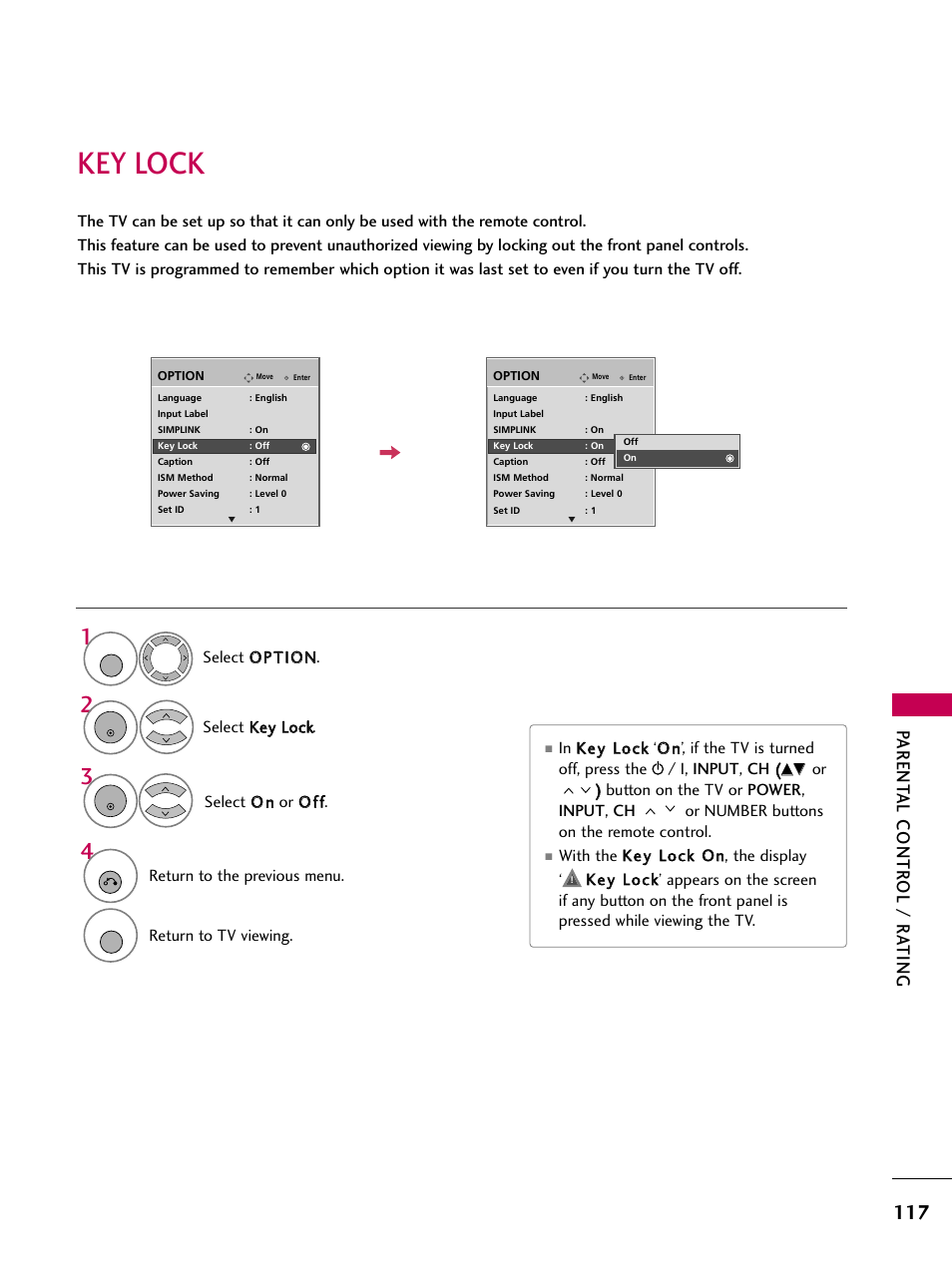 Key lock, Parent al contr ol / r ating | LG 3230 User Manual | Page 119 / 152