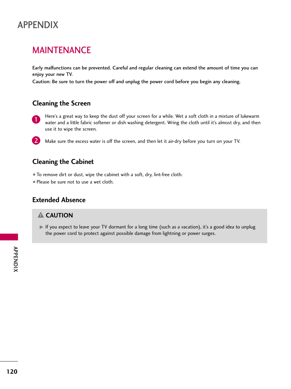 Maintenance, Appendix, Cleaning the screen | Cleaning the cabinet, Extended absence | LG 3230 User Manual | Page 122 / 152