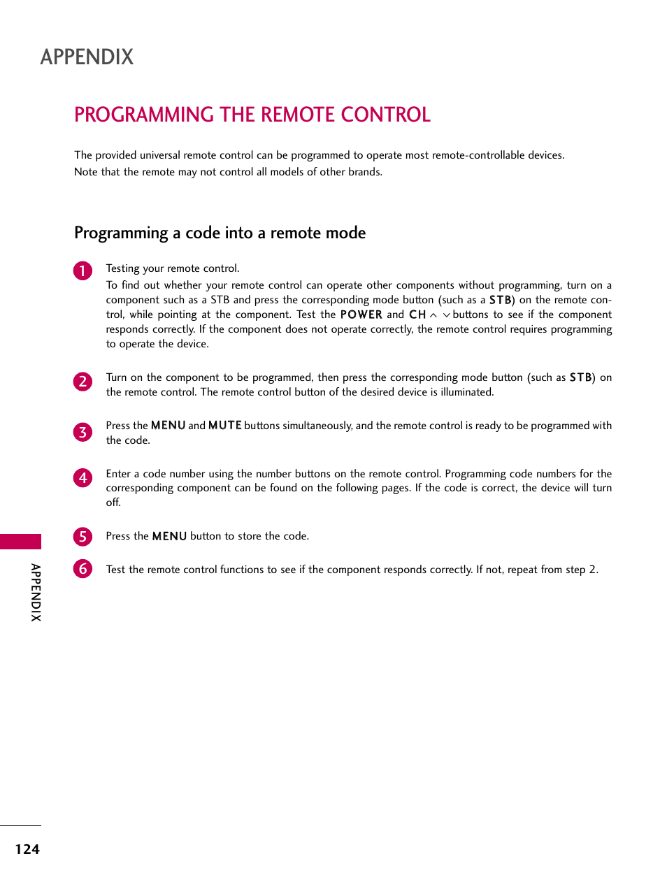 Programming the remote control, Appendix, Programming a code into a remote mode | LG 3230 User Manual | Page 126 / 152