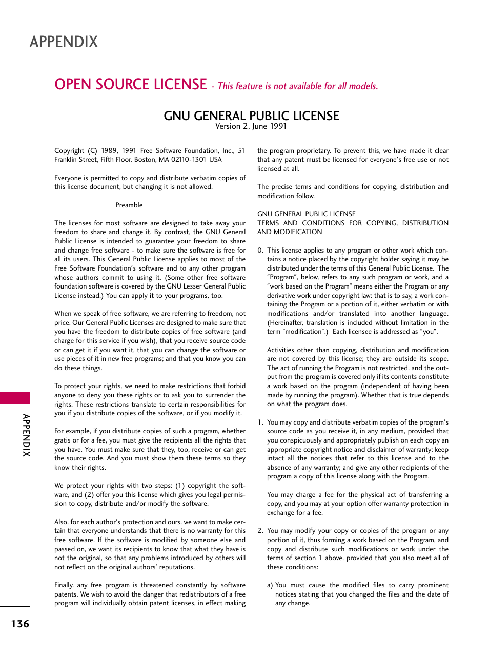 Open source license, Appendix, Gnu general public license | This feature is not available for all models | LG 3230 User Manual | Page 138 / 152