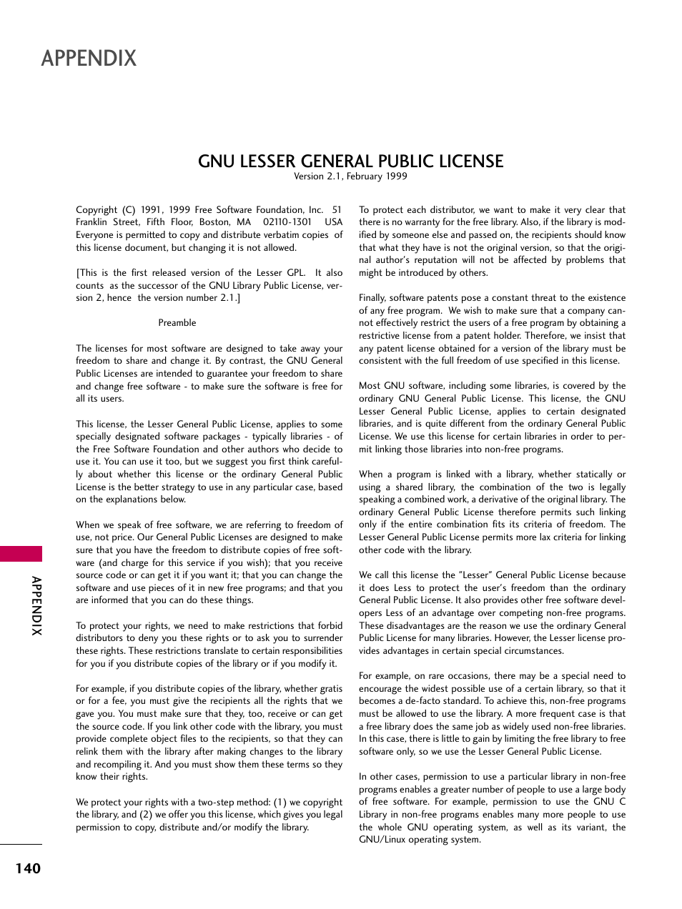 Appendix, Gnu lesser general public license | LG 3230 User Manual | Page 142 / 152
