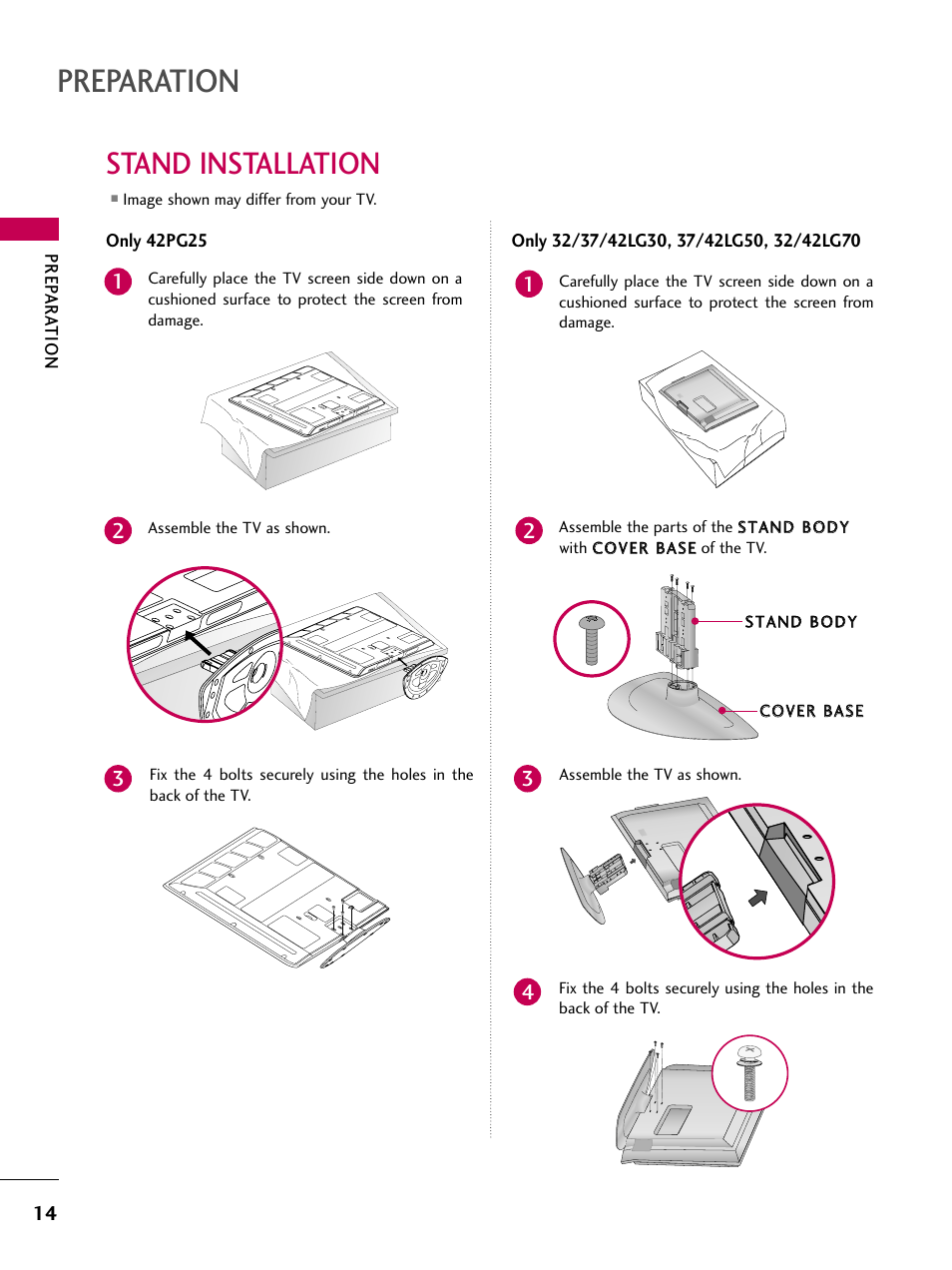 Stand installation, Preparation | LG 3230 User Manual | Page 16 / 152