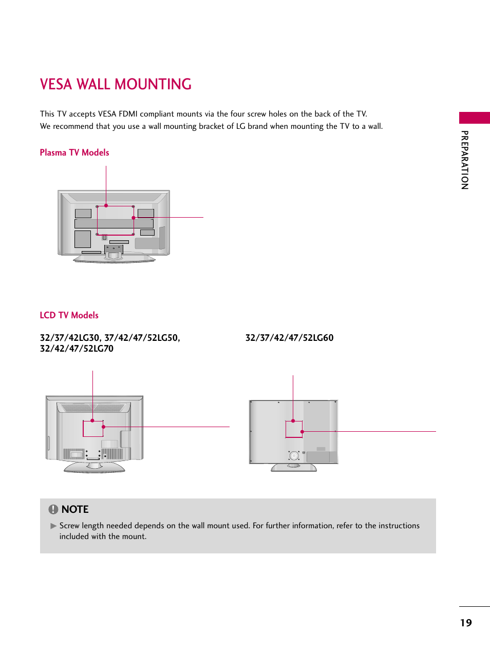 Vesa wall mounting, Prep ar ation, Plasma tv models lcd tv models | LG 3230 User Manual | Page 21 / 152
