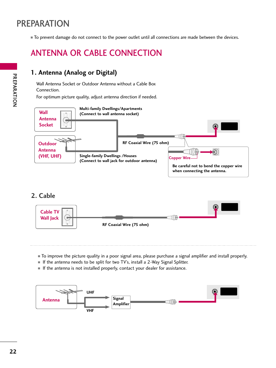 Antenna or cable connection, Preparation, Antenna (analog or digital) | Cable, Prep ar ation | LG 3230 User Manual | Page 24 / 152