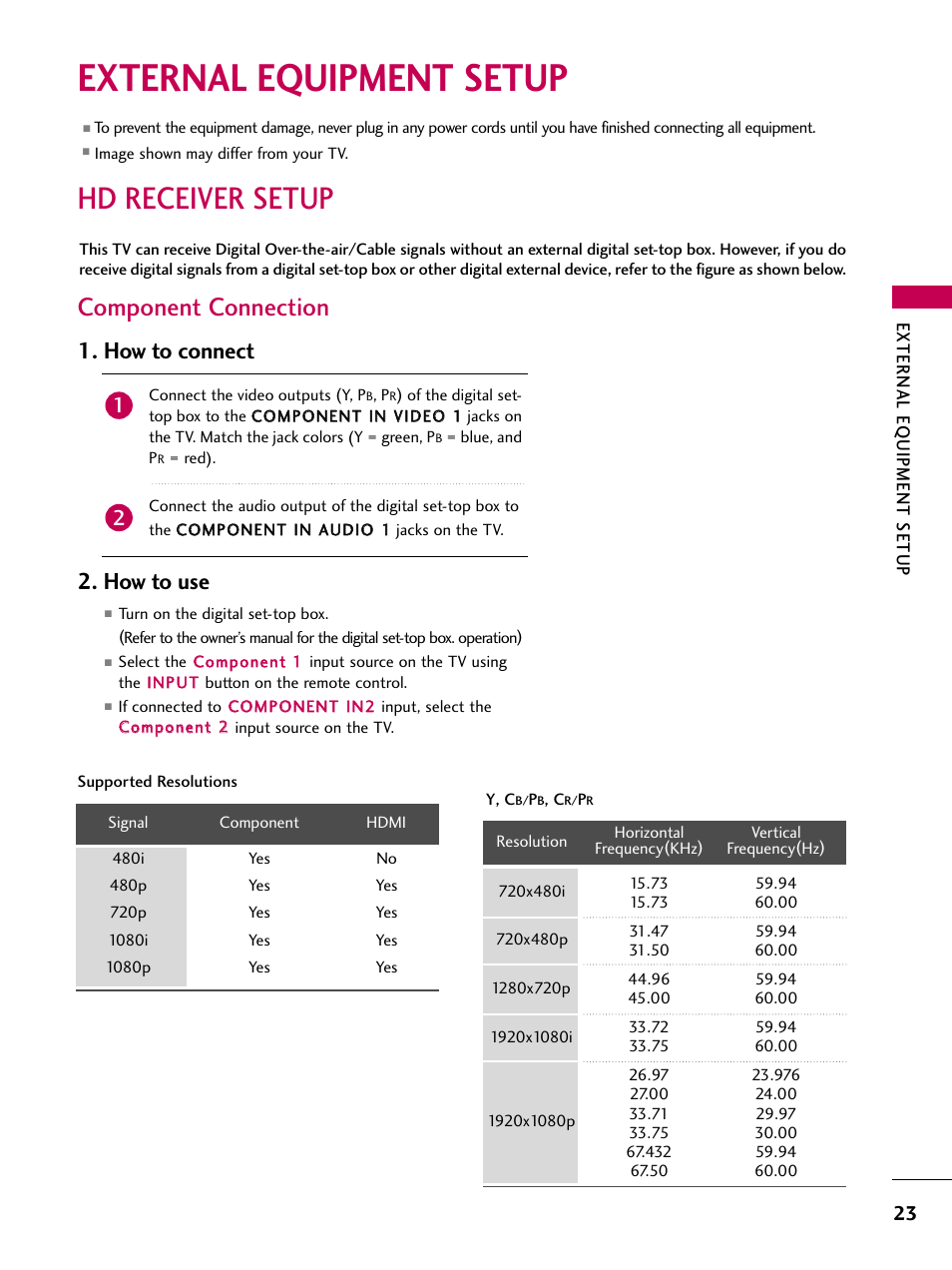 External equipment setup, Hd receiver setup, Component connection | How to connect, How to use | LG 3230 User Manual | Page 25 / 152