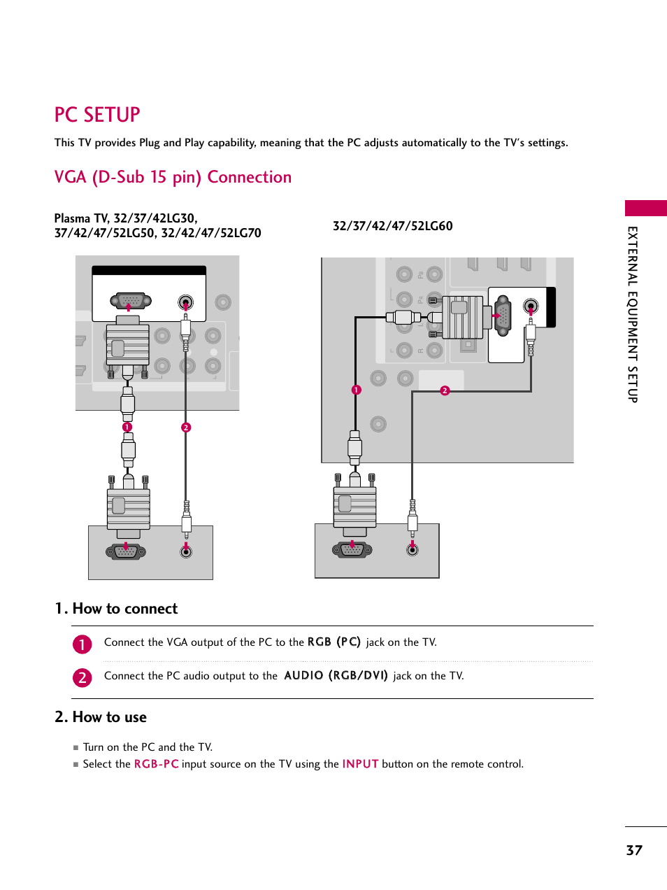 Pc setup, Vga (d-sub 15 pin) connection, How to connect 2. how to use | External eq uipment setup | LG 3230 User Manual | Page 39 / 152