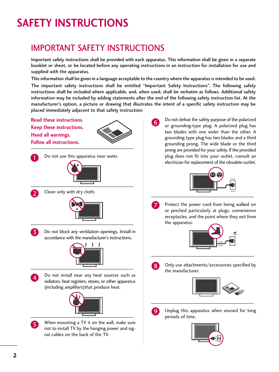 Safety instructions, Important safety instructions | LG 3230 User Manual | Page 4 / 152