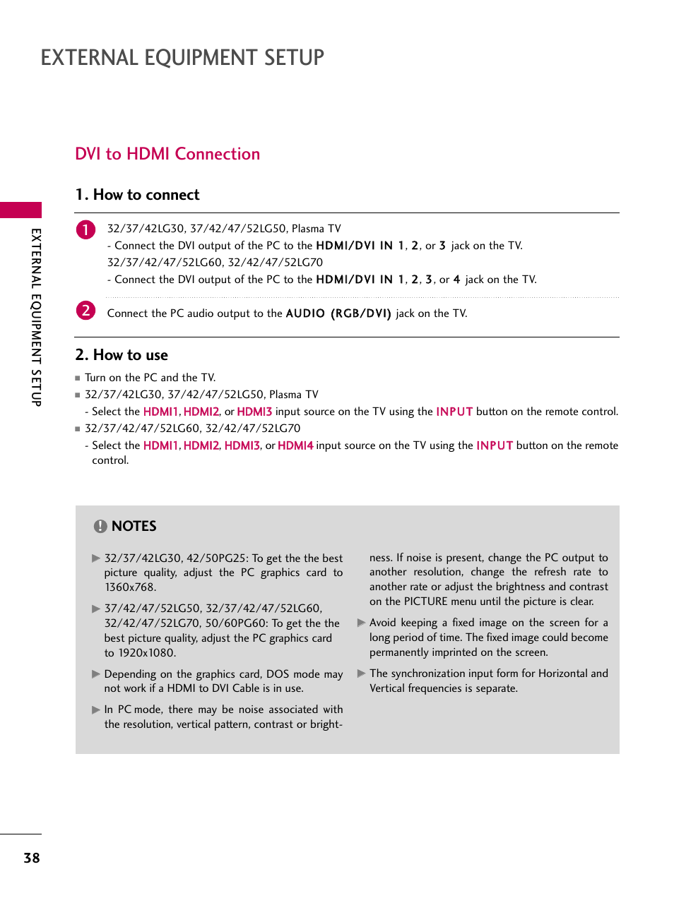 Dvi to hdmi connection, External equipment setup, How to connect | How to use | LG 3230 User Manual | Page 40 / 152