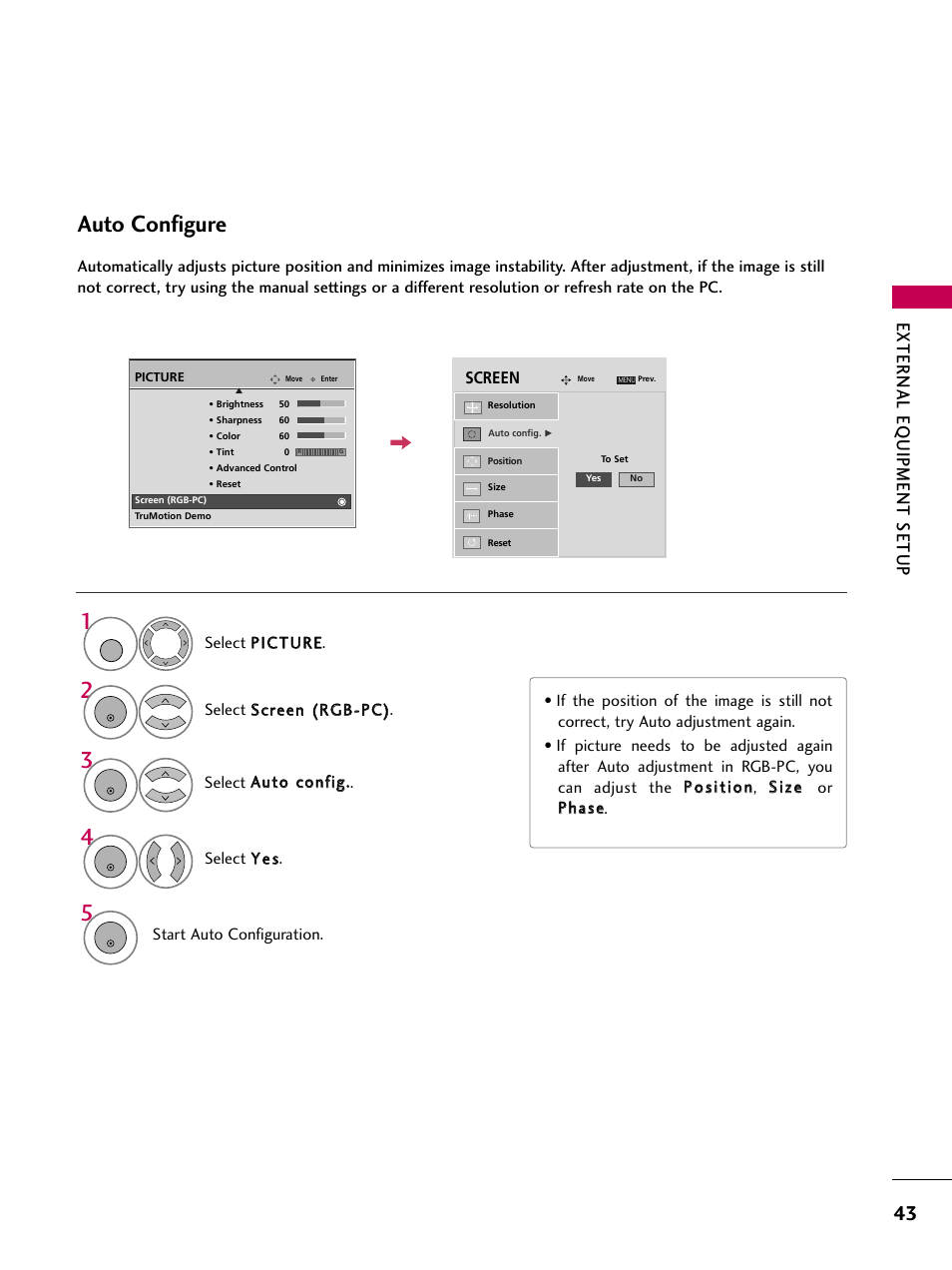 Auto configure, External eq uipment setup | LG 3230 User Manual | Page 45 / 152