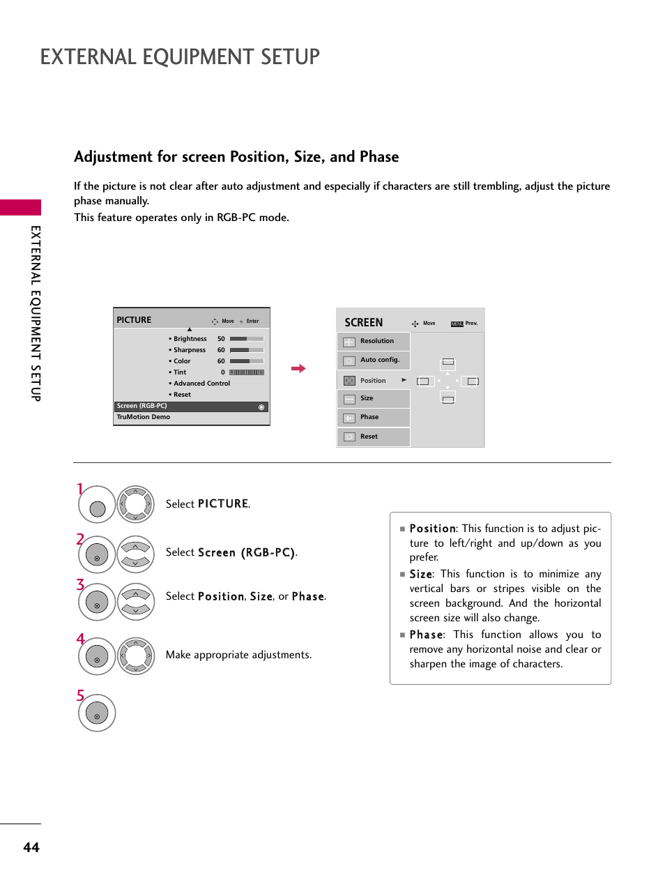 External equipment setup, Adjustment for screen position, size, and phase, External eq uipment setup | LG 3230 User Manual | Page 46 / 152