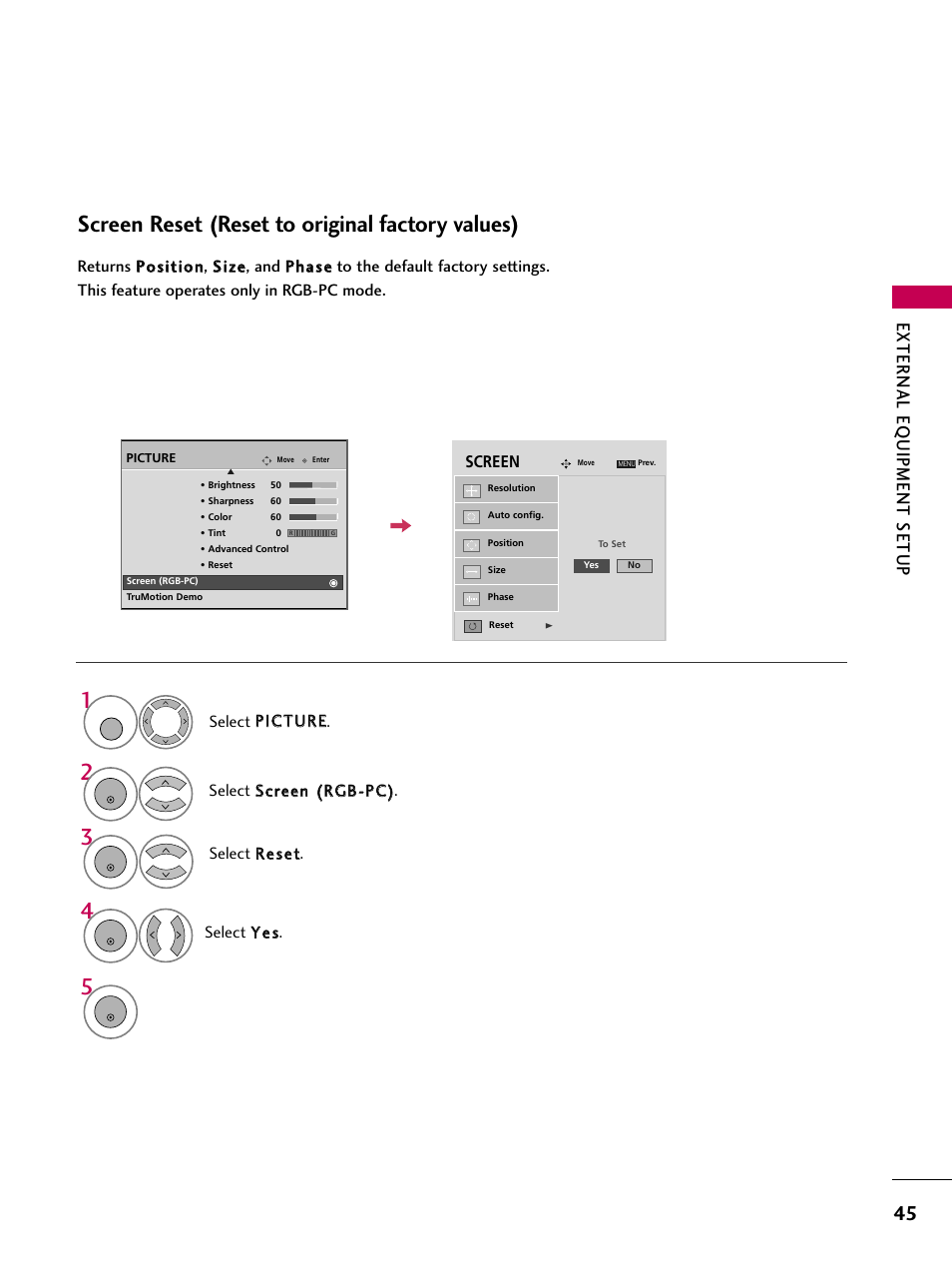 Screen reset (reset to original factory values), External eq uipment setup | LG 3230 User Manual | Page 47 / 152