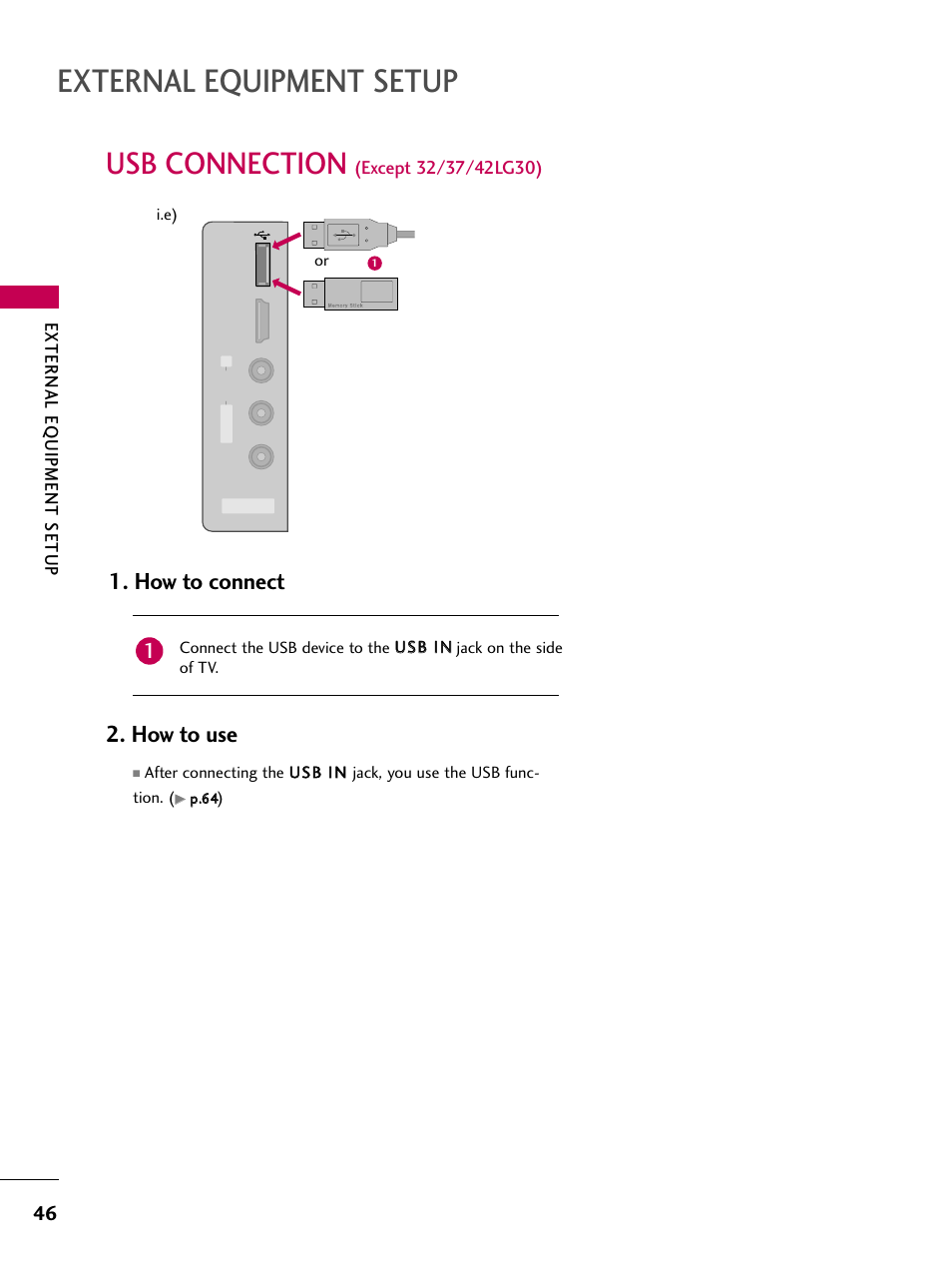 Usb connection (except 32/37/42lg30), External equipment setup, Usb connection | How to connect, How to use | LG 3230 User Manual | Page 48 / 152