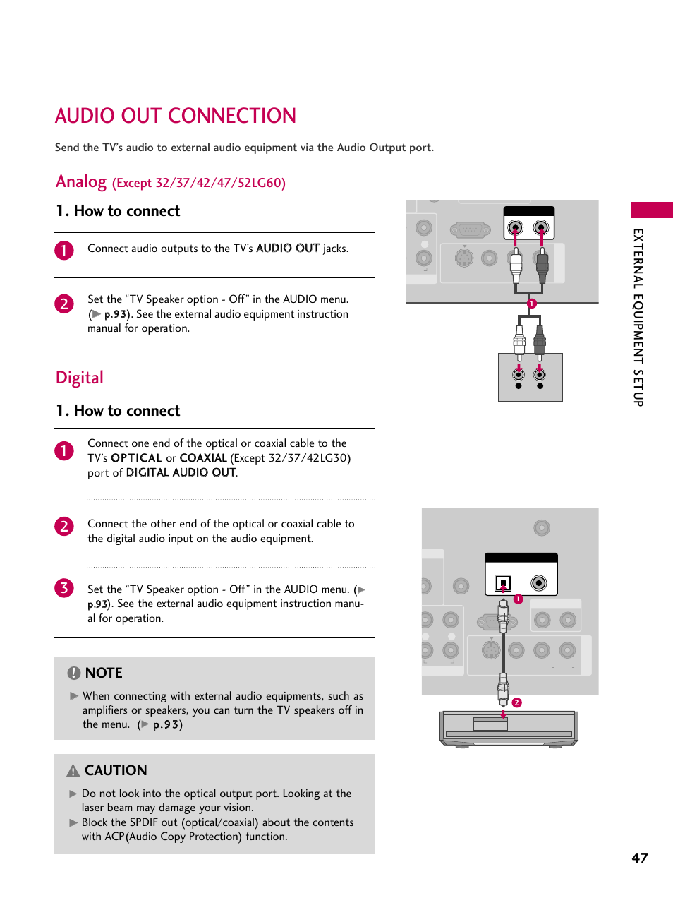 Audio out connection, Analog, Digital | How to connect, Caution, External eq uipment setup | LG 3230 User Manual | Page 49 / 152