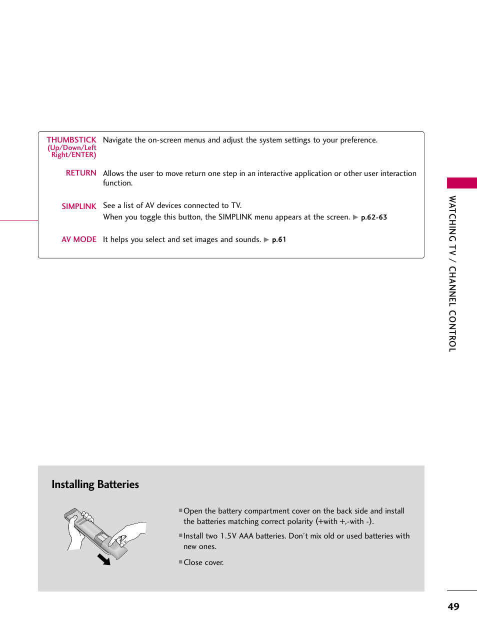 Installing batteries, Watching tv / channel contr ol | LG 3230 User Manual | Page 51 / 152