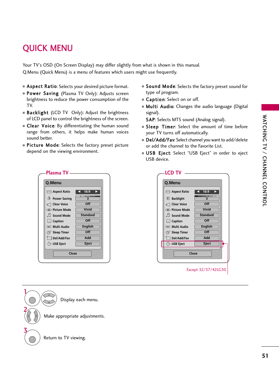 Quick menu, Watching tv / channel contr ol, Lcd tv | Plasma tv | LG 3230 User Manual | Page 53 / 152